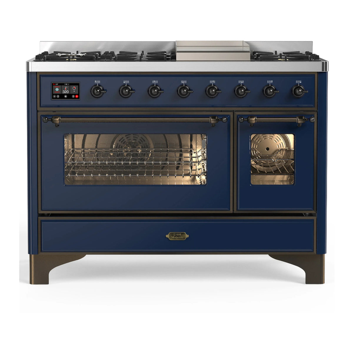 ILVE Majestic III 48-inch Dual Fuel Range with 5 Natural Gas Burner, Griddle and Triple Glass Door Electric Oven in Midnight Blue with Burnished Trim (UM48FNR3MBB)