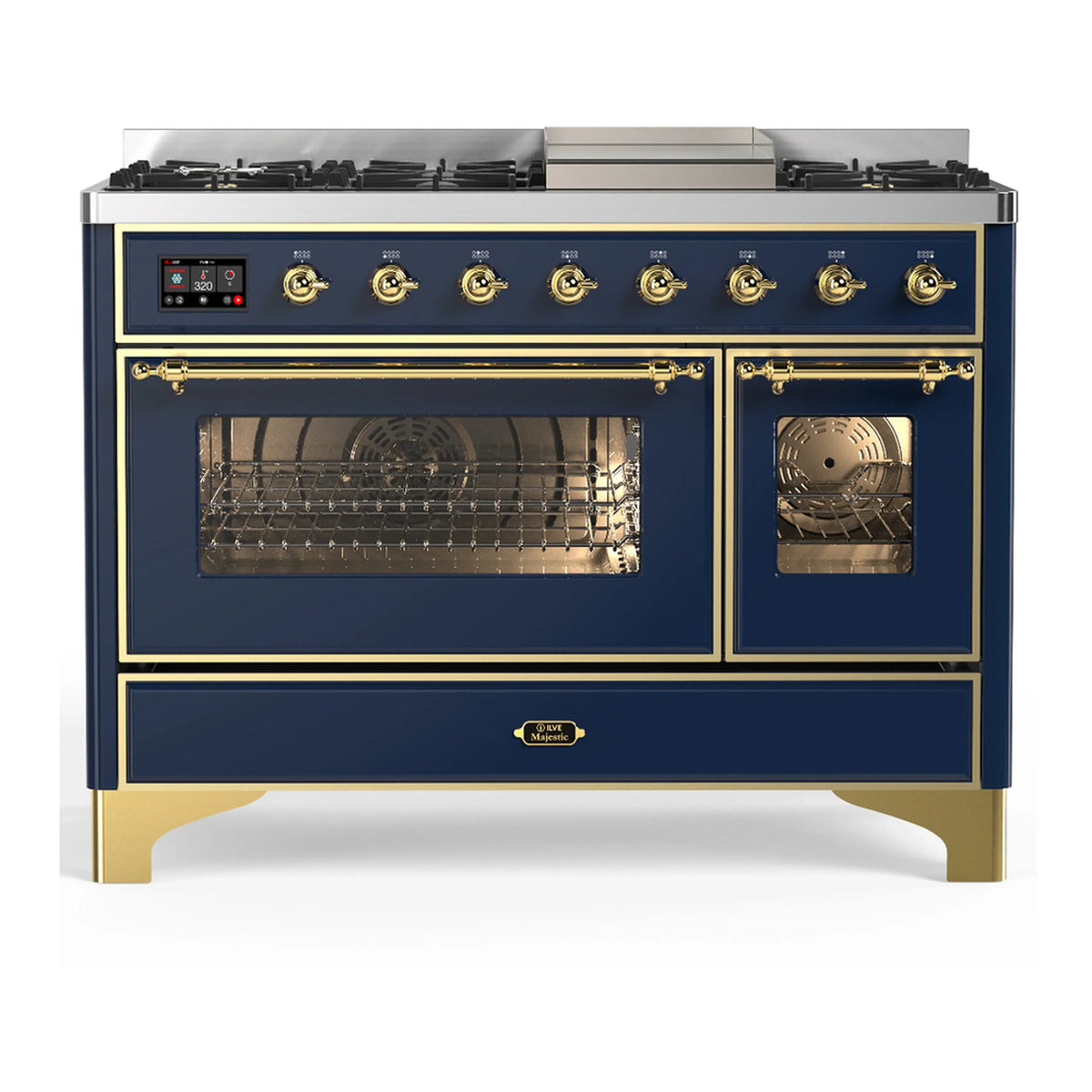 ILVE Majestic III 48-Inch Dual Fuel Range, 5 NG Burners, Griddle, Triple Glass Door, Midnight Blue, Brass Trim (UM48FNR3MBG)
