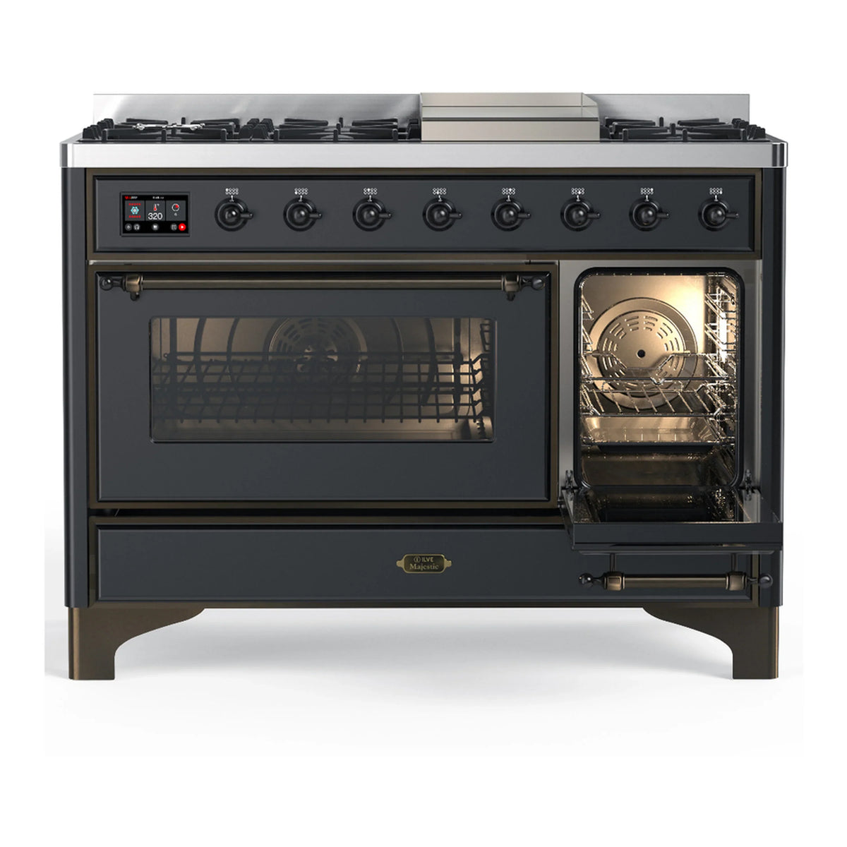 ILVE Majestic III 48-inch Dual Fuel Range with 5 Liquid Propane Burner, Griddle and Triple Glass Door Electric Oven in Graphite Matte with Burnished Trim (UM48FNR3MGBLP)