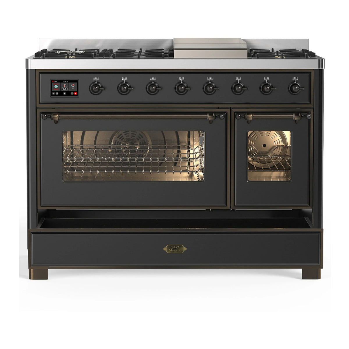 ILVE Majestic III 48-inch Dual Fuel Range with 5 Liquid Propane Burner, Griddle and Triple Glass Door Electric Oven in Graphite Matte with Burnished Trim (UM48FNR3MGBLP)