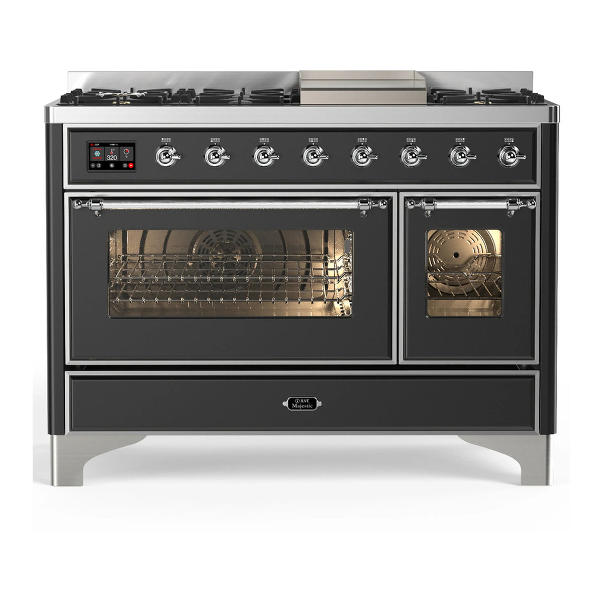 ILVE Majestic III 48-inch Dual Fuel Range with 5 Liquid Propane Burner, Griddle and Triple Glass Door Electric Oven in Graphite Matte with Chrome Trim (UM48FNR3MGCLP)