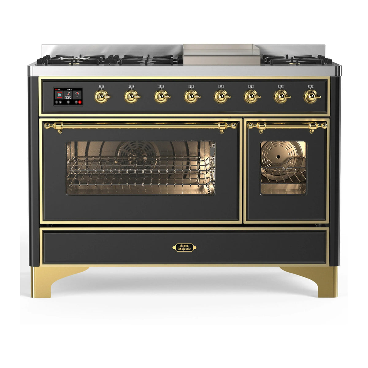 ILVE Majestic III 48-inch Dual Fuel Range with 5 Liquid Propane Burner, Griddle and Triple Glass Door Electric Oven in Graphite Matte with Brass Trim (UM48FNR3MGGLP)