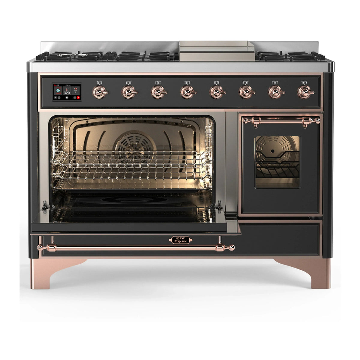ILVE Majestic III 48-inch Dual Fuel Range with 5 Liquid Propane Burner, Griddle and Triple Glass Door Electric Oven in Graphite Matte with Copper Trim (UM48FNR3MGPLP)