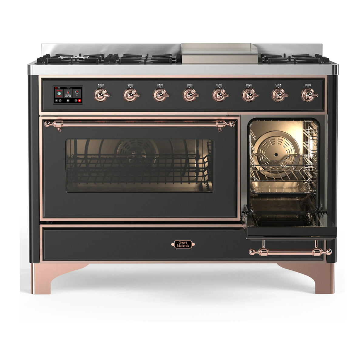ILVE Majestic III 48-inch Dual Fuel Range with 5 Liquid Propane Burner, Griddle and Triple Glass Door Electric Oven in Graphite Matte with Copper Trim (UM48FNR3MGPLP)