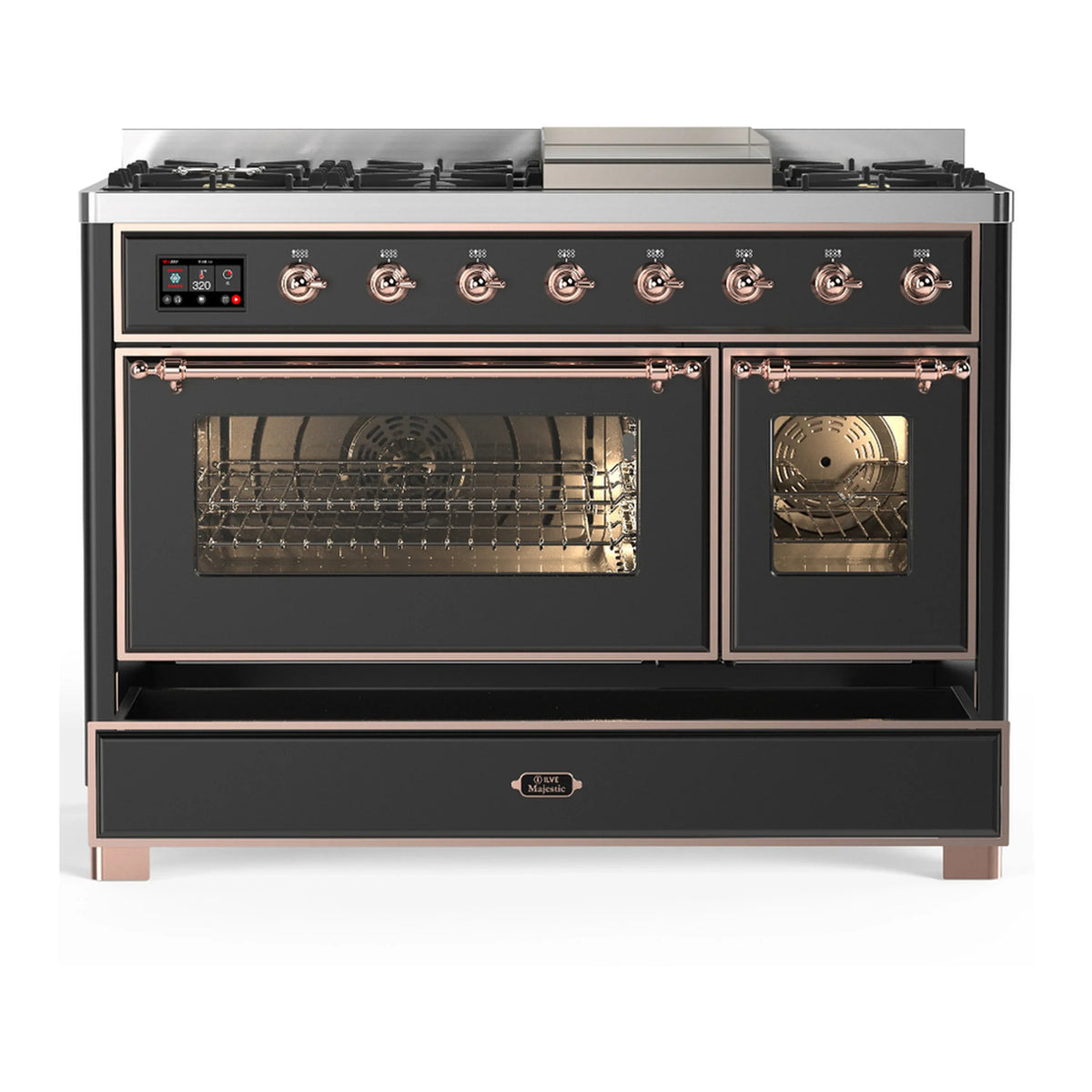 ILVE Majestic III 48-inch Dual Fuel Range with 5 Liquid Propane Burner, Griddle and Triple Glass Door Electric Oven in Graphite Matte with Copper Trim (UM48FNR3MGPLP)