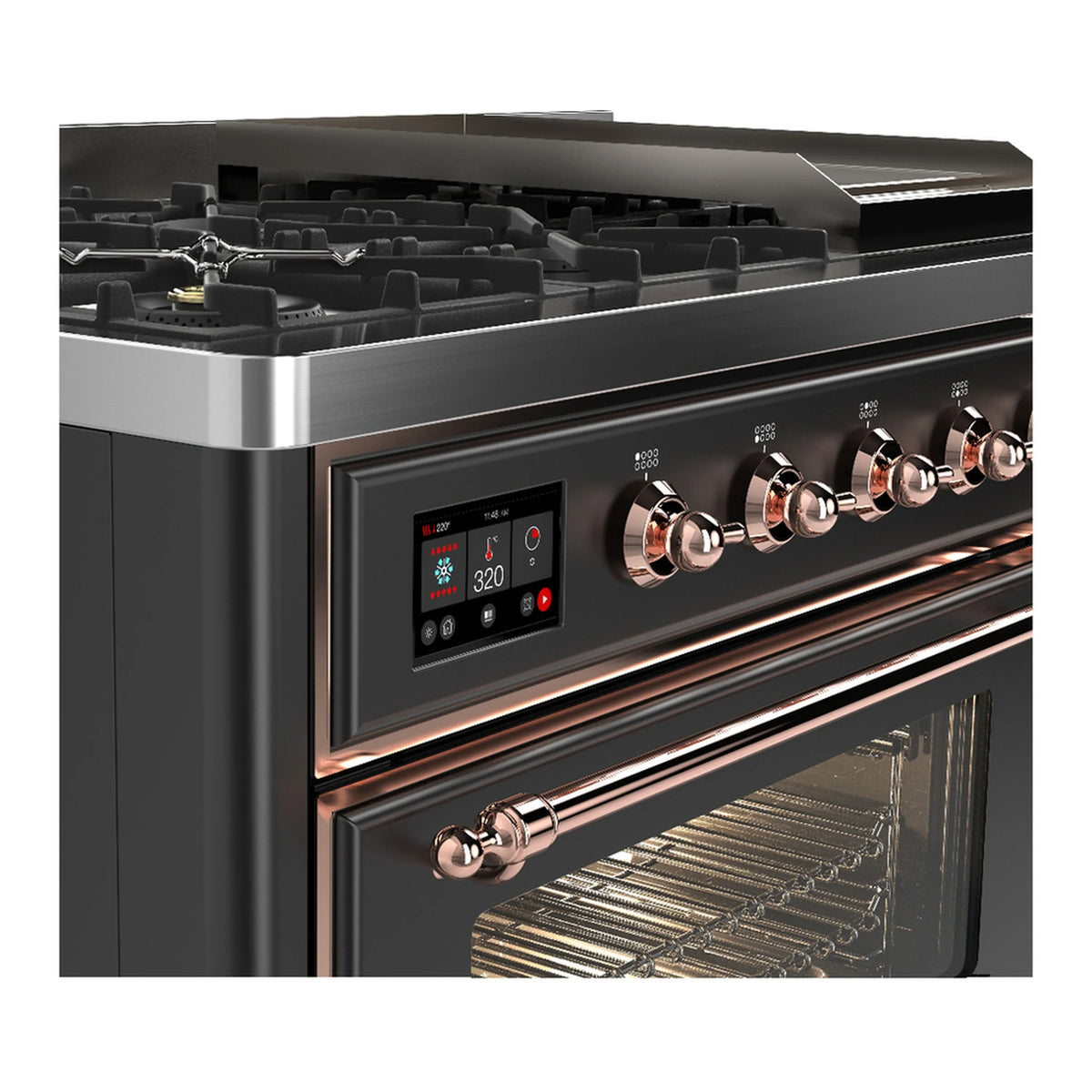 ILVE Majestic III 48-inch Dual Fuel Range with 5 Liquid Propane Burner, Griddle and Triple Glass Door Electric Oven in Graphite Matte with Copper Trim (UM48FNR3MGPLP)