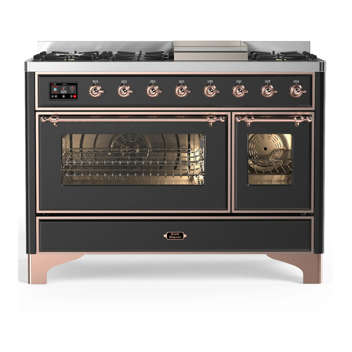 ILVE Majestic III 48-inch Dual Fuel Range with 5 Liquid Propane Burner, Griddle and Triple Glass Door Electric Oven in Graphite Matte with Copper Trim (UM48FNR3MGPLP)