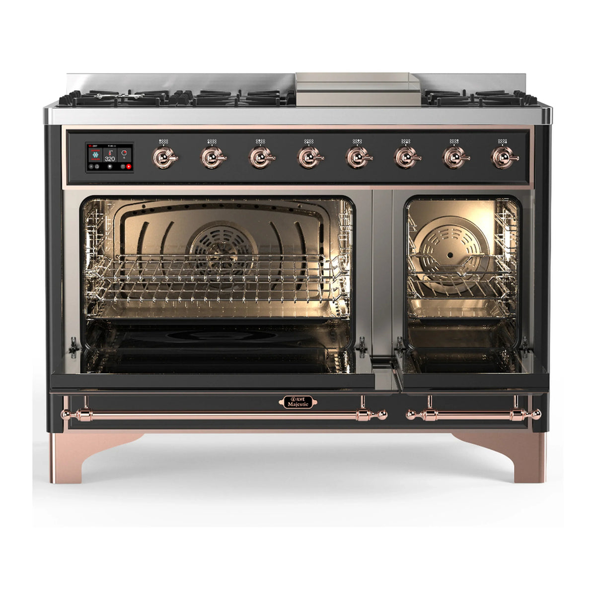 ILVE Majestic III 48-inch Dual Fuel Range with 5 Liquid Propane Burner, Griddle and Triple Glass Door Electric Oven in Graphite Matte with Copper Trim (UM48FNR3MGPLP)