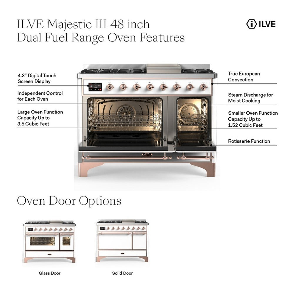 ILVE Majestic III 48-inch Dual Fuel Range with 5 Natural Gas Burner, Griddle and Triple Glass Door Electric Oven in Mediterranean Mint with Burnished Trim (UM48FNR3MMB)