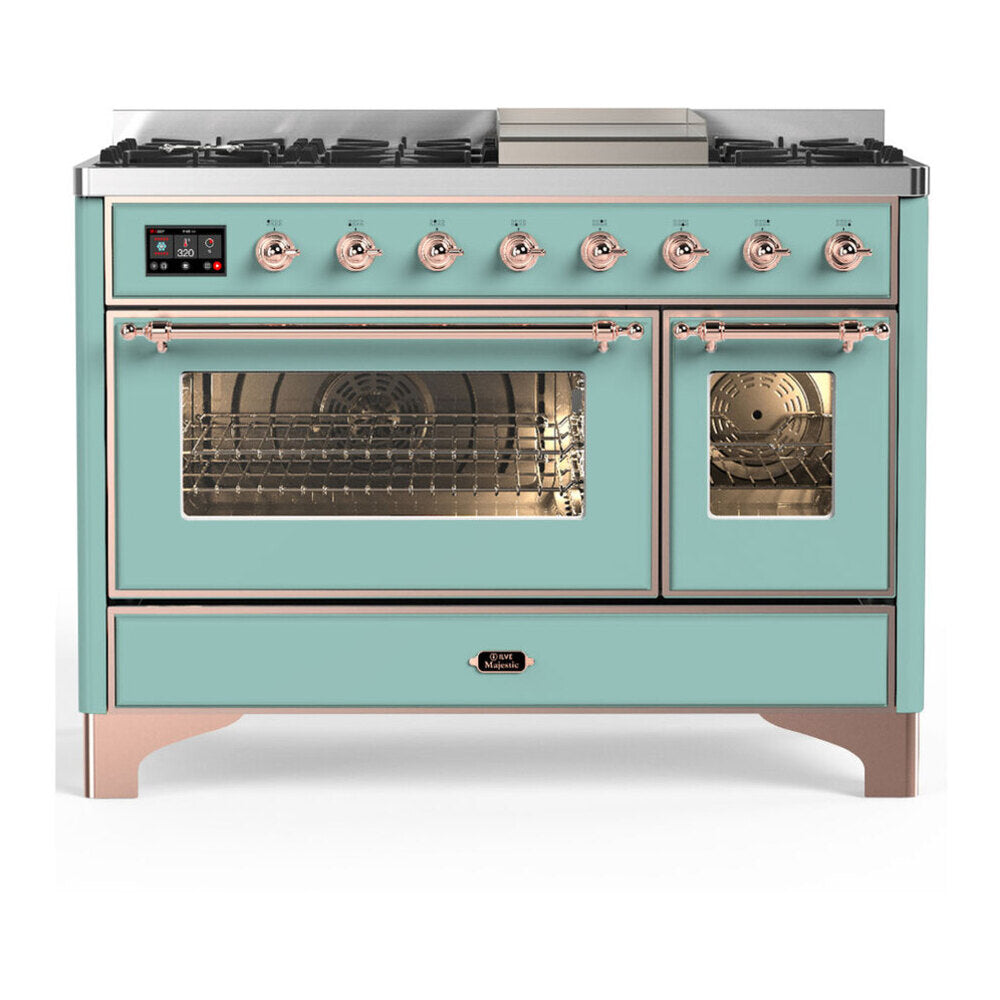 ILVE Majestic III 48-inch Dual Fuel Range with 5 Natural Gas Burner, Griddle and Triple Glass Door Electric Oven in Mediterranean Mint with Copper Trim (UM48FNR3MMP)