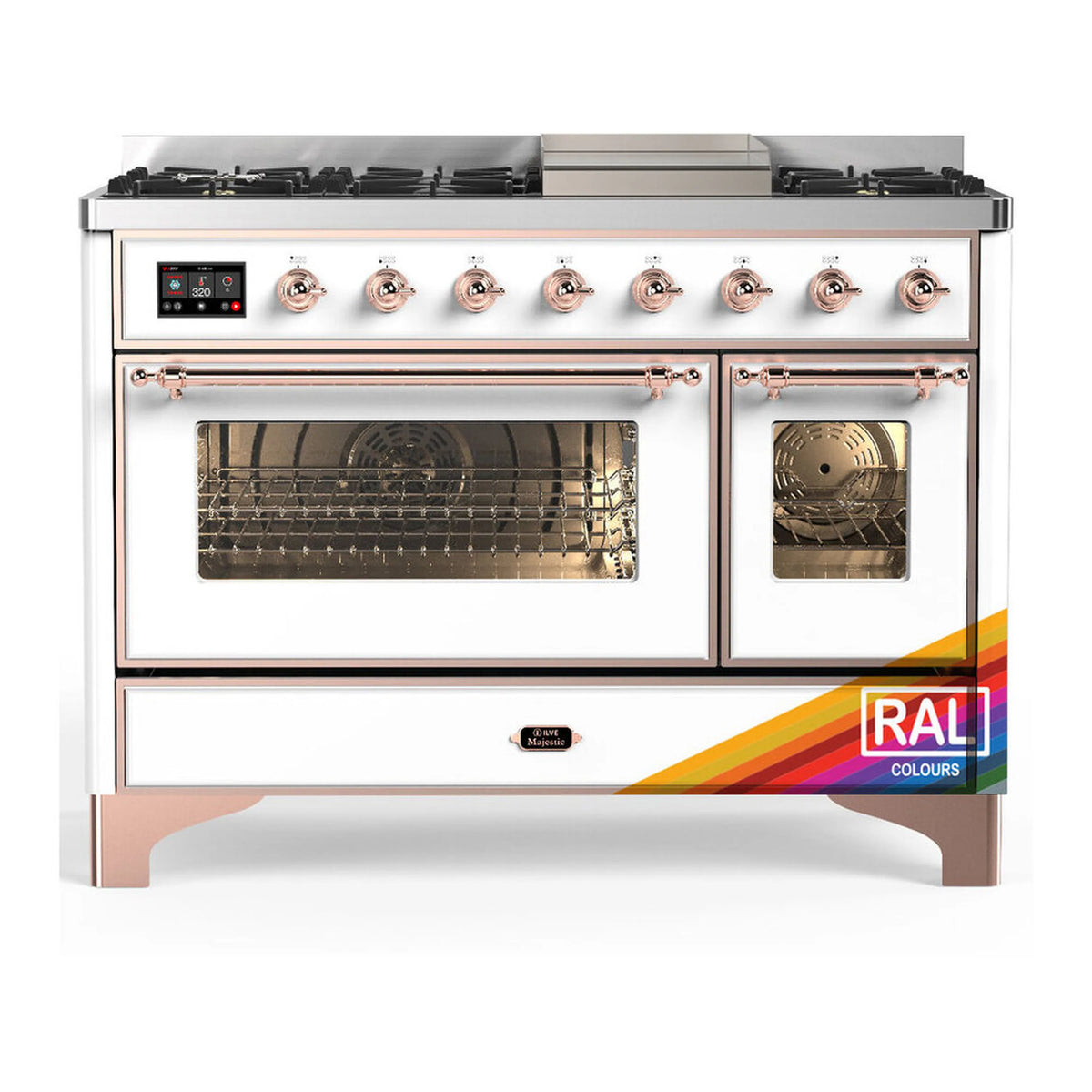 ILVE Majestic III 48-inch Dual Fuel Range with 5 Liquid Propane Burner, Griddle and Triple Glass Door Electric Oven in RAL with Copper Trim (UM48FNR3RAPLP)