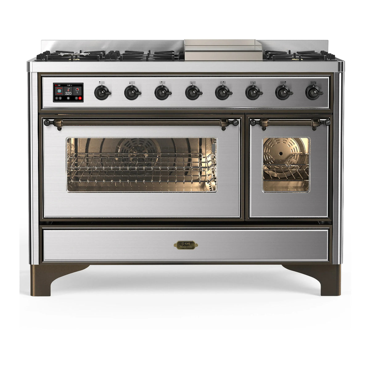 ILVE Majestic III 48-inch Dual Fuel Range with 5 Liquid Propane Burner, Griddle and Triple Glass Door Electric Oven in Stainless Steel with Burnished Trim (UM48FNR3SSBLP)