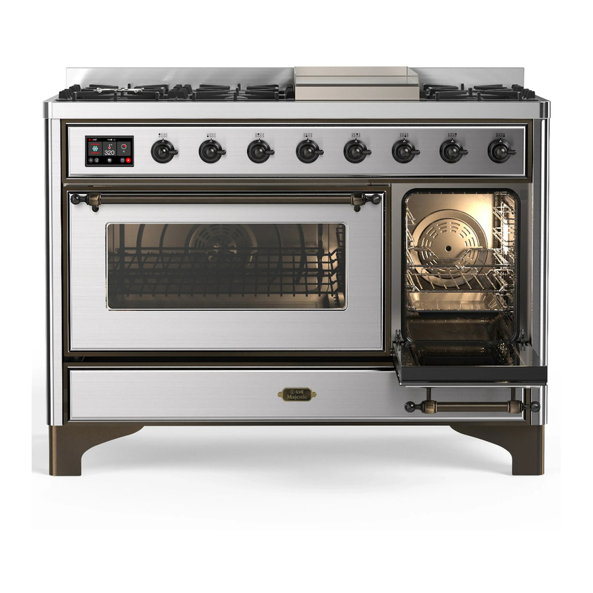 ILVE Majestic III 48-inch Dual Fuel Range with 5 Liquid Propane Burner, Griddle and Triple Glass Door Electric Oven in Stainless Steel with Burnished Trim (UM48FNR3SSBLP)