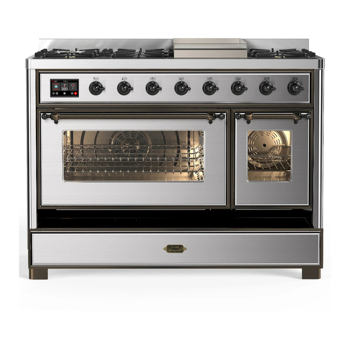 ILVE Majestic III 48-inch Dual Fuel Range with 5 Liquid Propane Burner, Griddle and Triple Glass Door Electric Oven in Stainless Steel with Burnished Trim (UM48FNR3SSBLP)