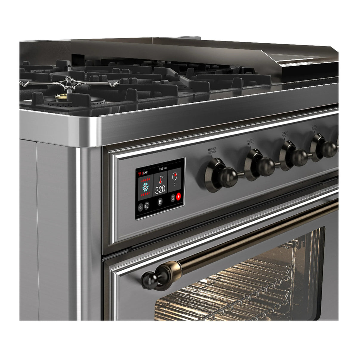ILVE Majestic III 48-inch Dual Fuel Range with 5 Liquid Propane Burner, Griddle and Triple Glass Door Electric Oven in Stainless Steel with Burnished Trim (UM48FNR3SSBLP)