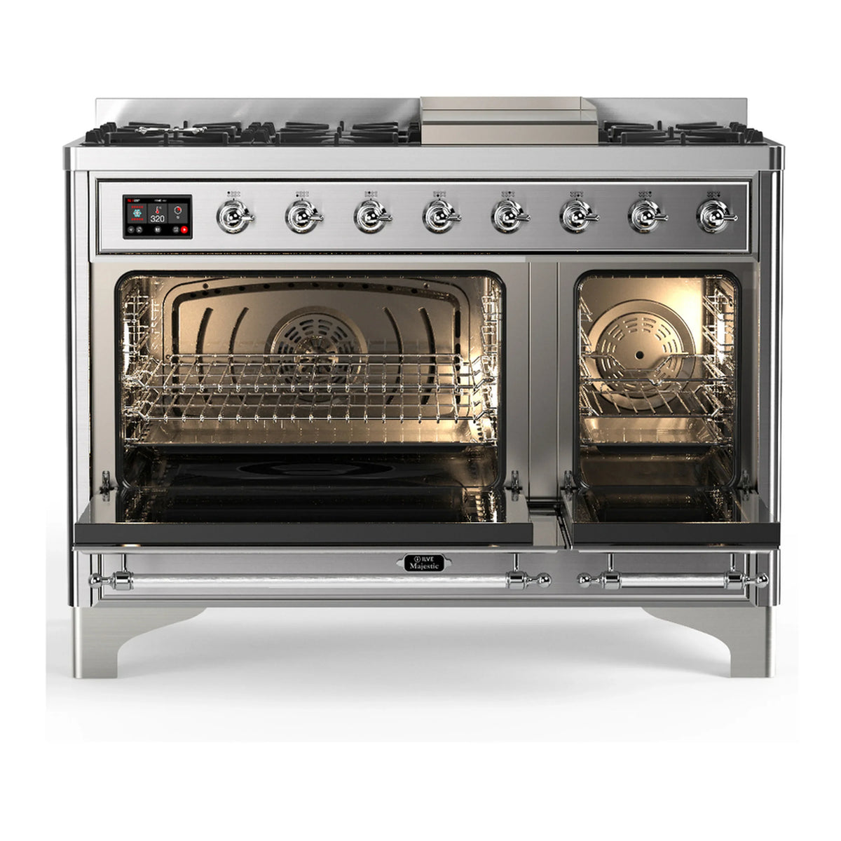 ILVE Majestic III 48-inch Dual Fuel Range with 5 Natural Gas Burner, Griddle and Triple Glass Door Electric Oven in Stainless Steel with Chrome Trim (UM48FNR3SSC)