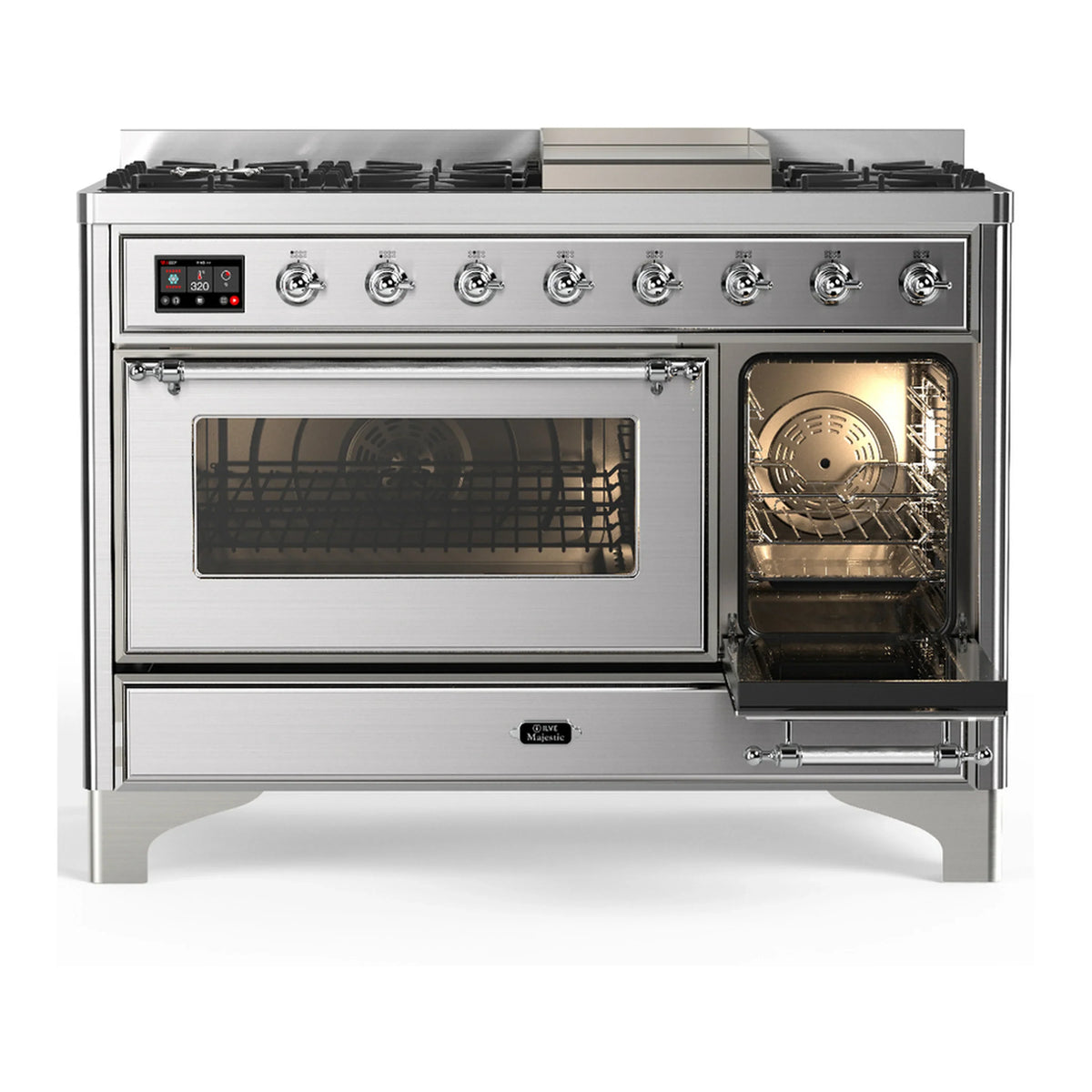 ILVE Majestic III 48-inch Dual Fuel Range with 5 Natural Gas Burner, Griddle and Triple Glass Door Electric Oven in Stainless Steel with Chrome Trim (UM48FNR3SSC)