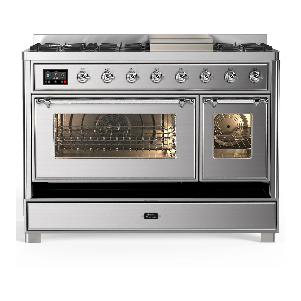 ILVE Majestic III 48-inch Dual Fuel Range with 5 Natural Gas Burner, Griddle and Triple Glass Door Electric Oven in Stainless Steel with Chrome Trim (UM48FNR3SSC)