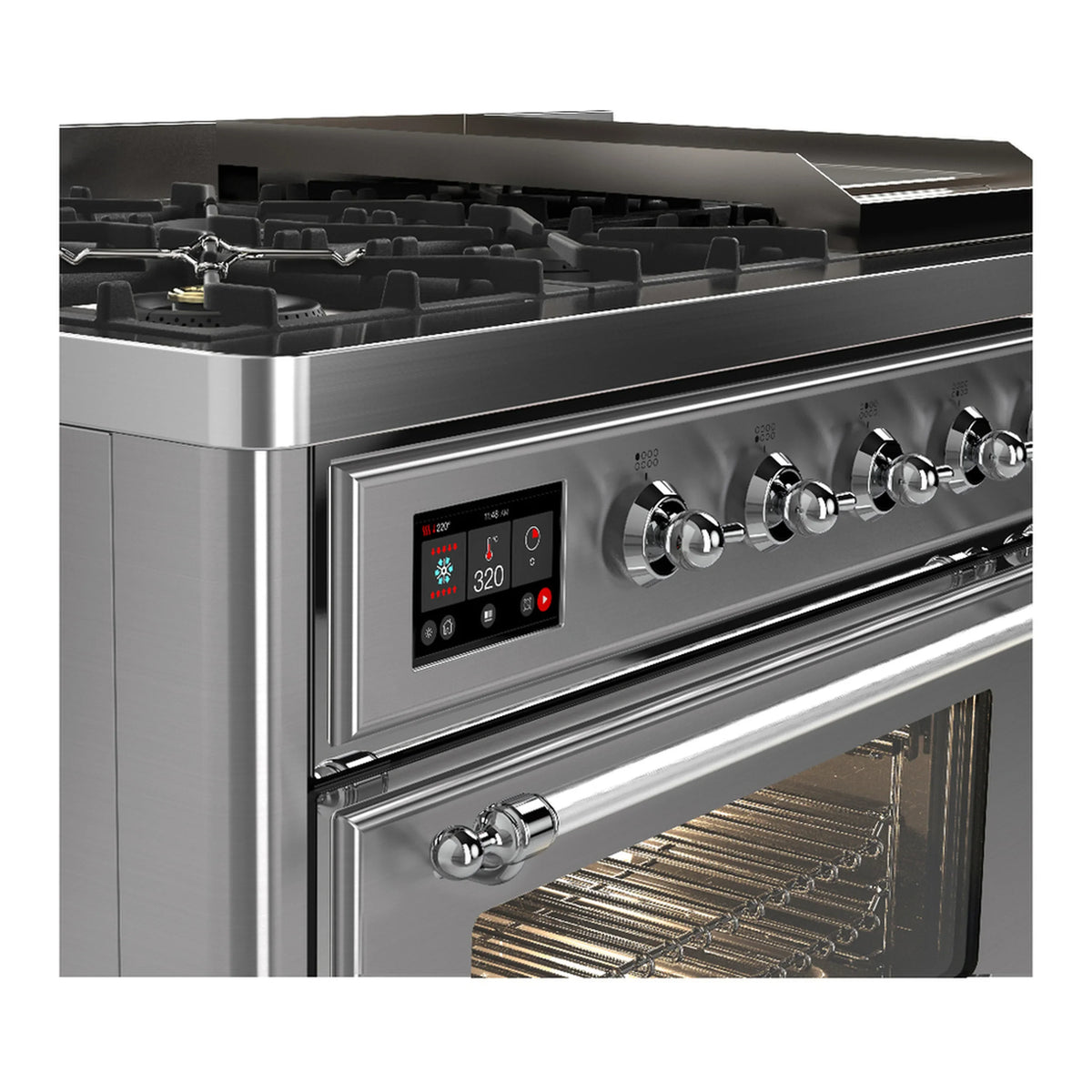 ILVE Majestic III 48-inch Dual Fuel Range with 5 Natural Gas Burner, Griddle and Triple Glass Door Electric Oven in Stainless Steel with Chrome Trim (UM48FNR3SSC)