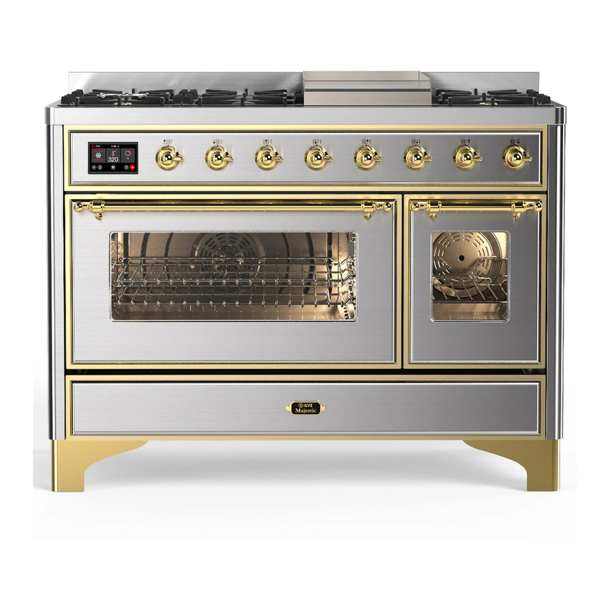 ILVE Majestic III 48-inch Dual Fuel Range with 5 Liquid Propane Burner, Griddle and Triple Glass Door Electric Oven in Stainless Steel with Brass Trim (UM48FNR3SSGLP)