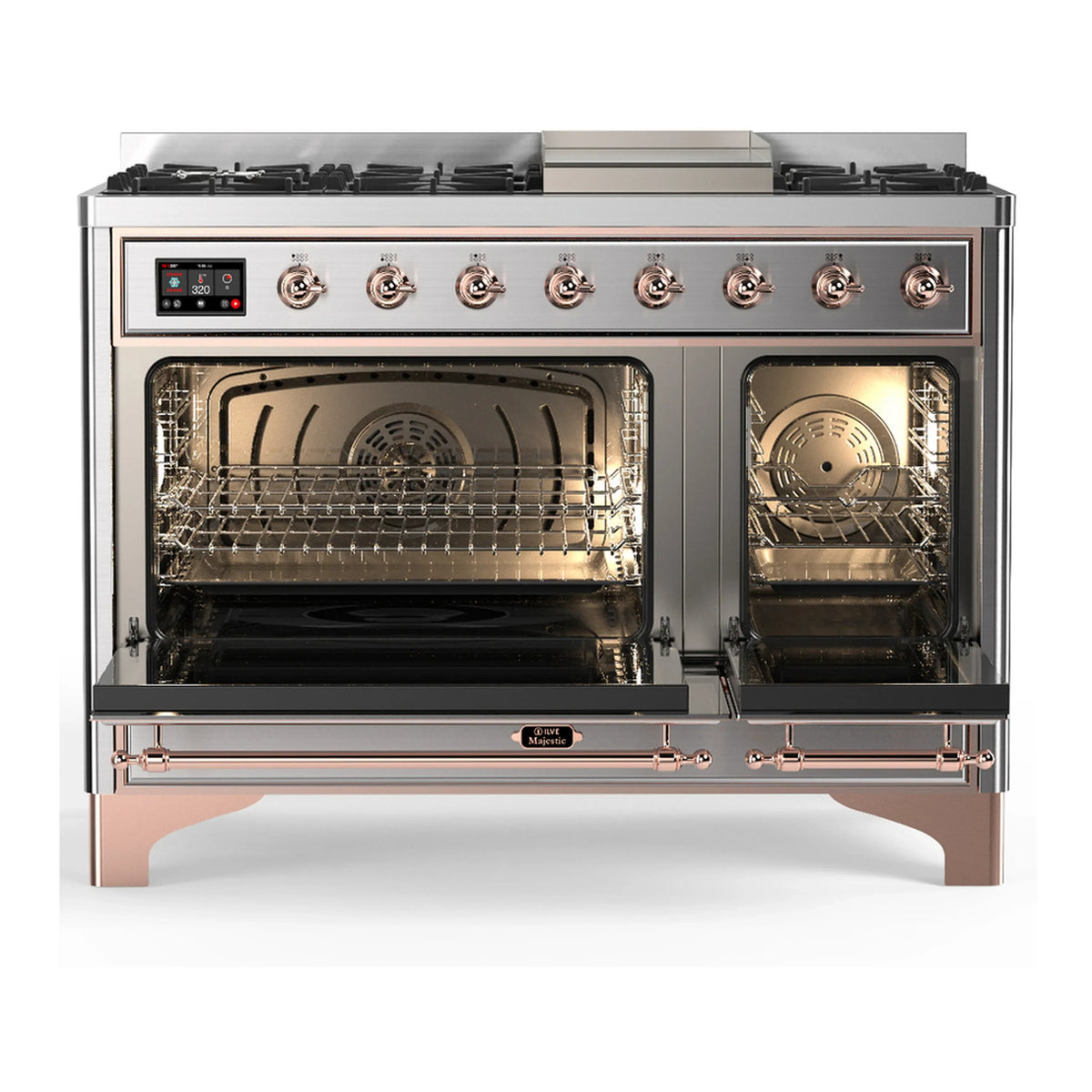 ILVE Majestic III 48-Inch Dual Fuel Range, 5 LP Burners, Griddle, Triple Glass Door, Stainless Steel, Copper Trim (UM48FNR3SSPLP)