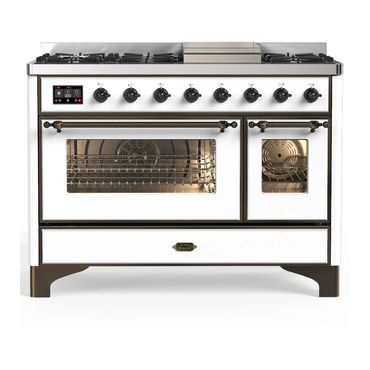 ILVE Majestic III 48-inch Dual Fuel Range with 5 Natural Gas Burner, Griddle and Triple Glass Door Electric Oven in White with Burnished Trim (UM48FNR3WHB)