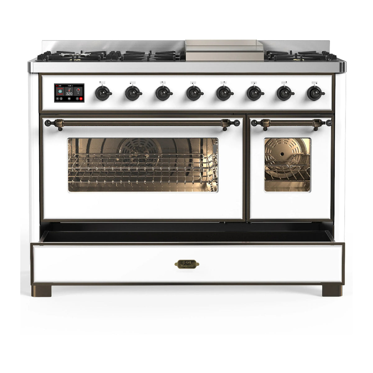 ILVE Majestic III 48-inch Dual Fuel Range with 5 Liquid Propane Burner, Griddle and Triple Glass Door Electric Oven in White with Burnished Trim (UM48FNR3WHBLP)