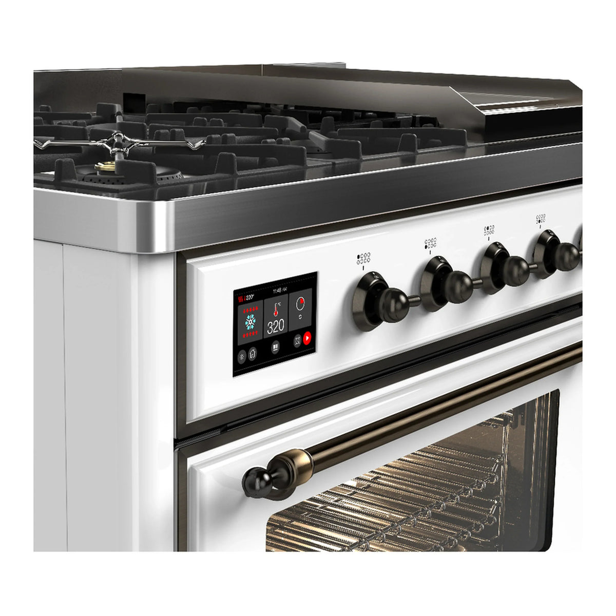 ILVE Majestic III 48-inch Dual Fuel Range with 5 Liquid Propane Burner, Griddle and Triple Glass Door Electric Oven in White with Burnished Trim (UM48FNR3WHBLP)
