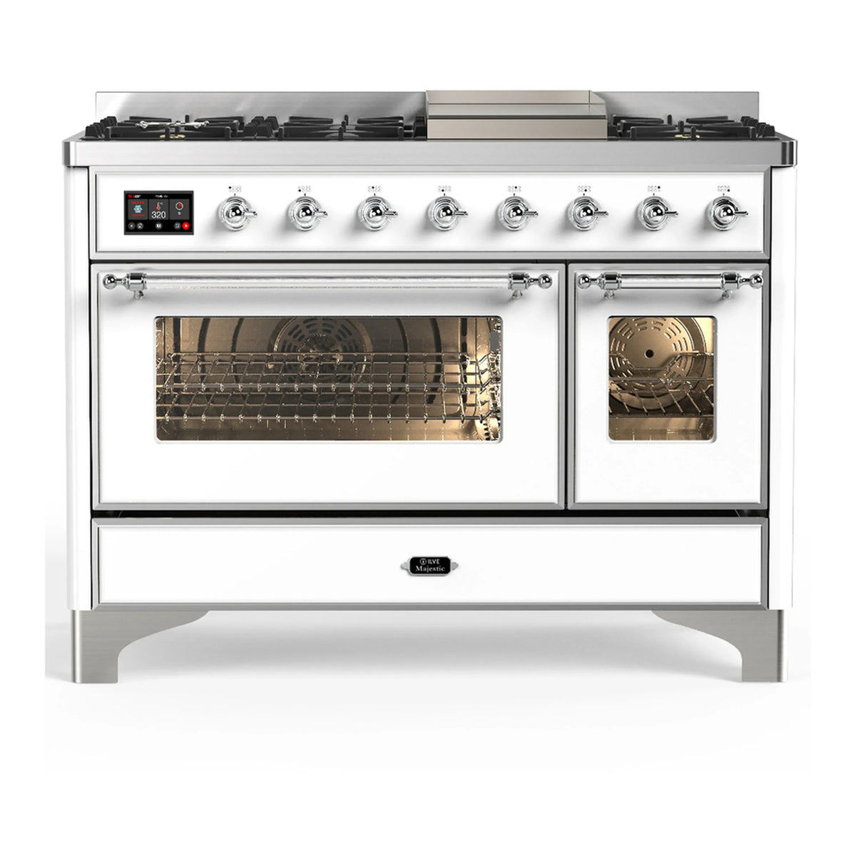 ILVE Majestic III 48-Inch Dual Fuel Range, 5 LP Burners, Griddle, Triple Glass Door, White, Chrome Trim (UM48FNR3WHCLP)