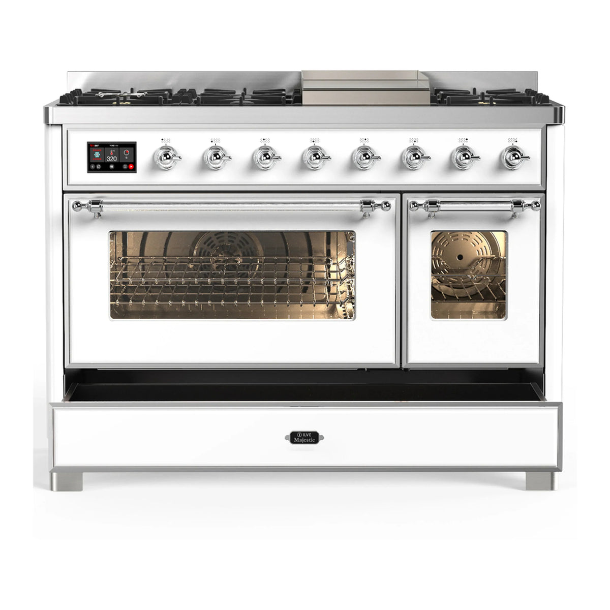 ILVE Majestic III 48-inch Dual Fuel Range with 5 Natural Gas Burner, Griddle and Triple Glass Door Electric Oven in White with Chrome Trim (UM48FNR3WHC)