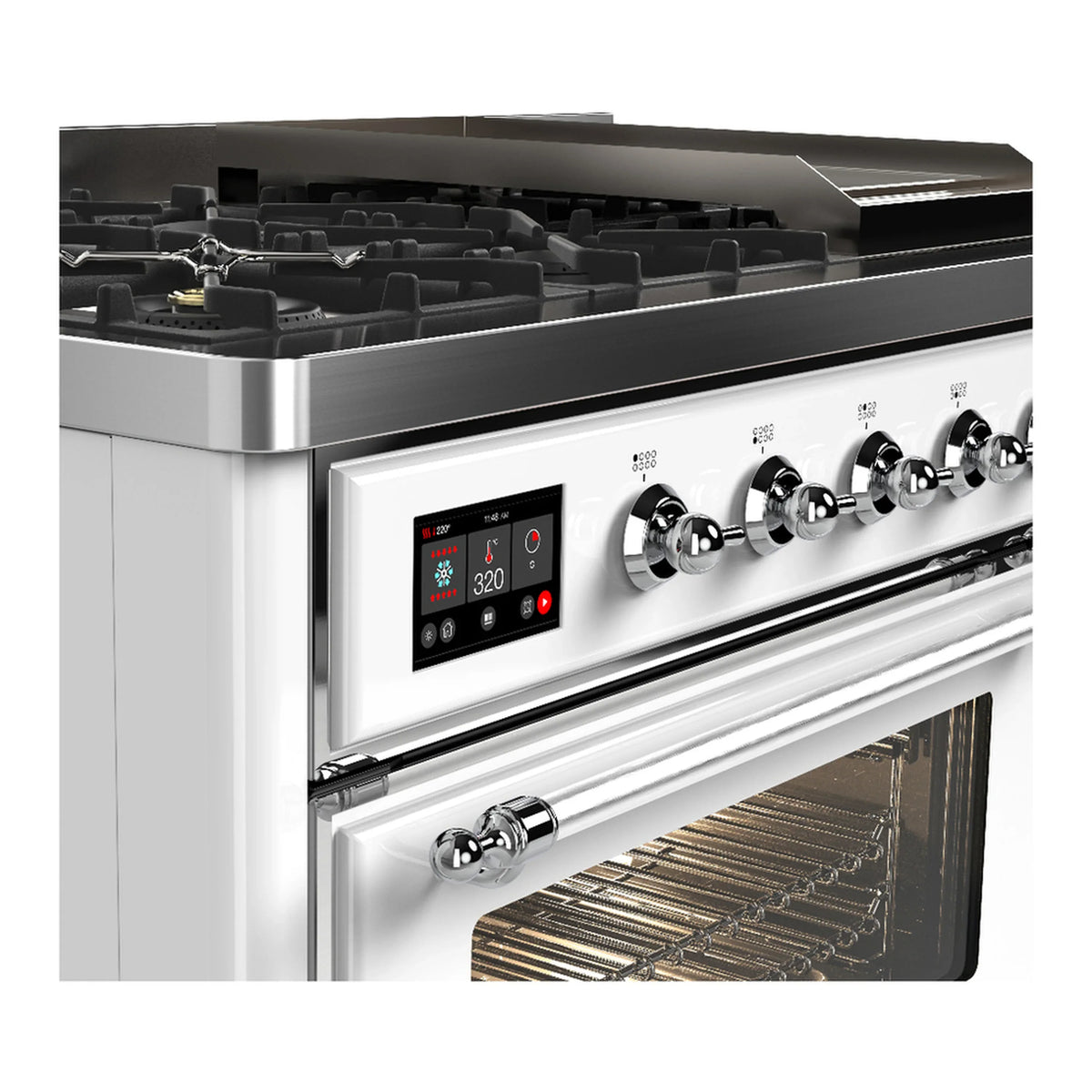 ILVE Majestic III 48-inch Dual Fuel Range with 5 Natural Gas Burner, Griddle and Triple Glass Door Electric Oven in White with Chrome Trim (UM48FNR3WHC)