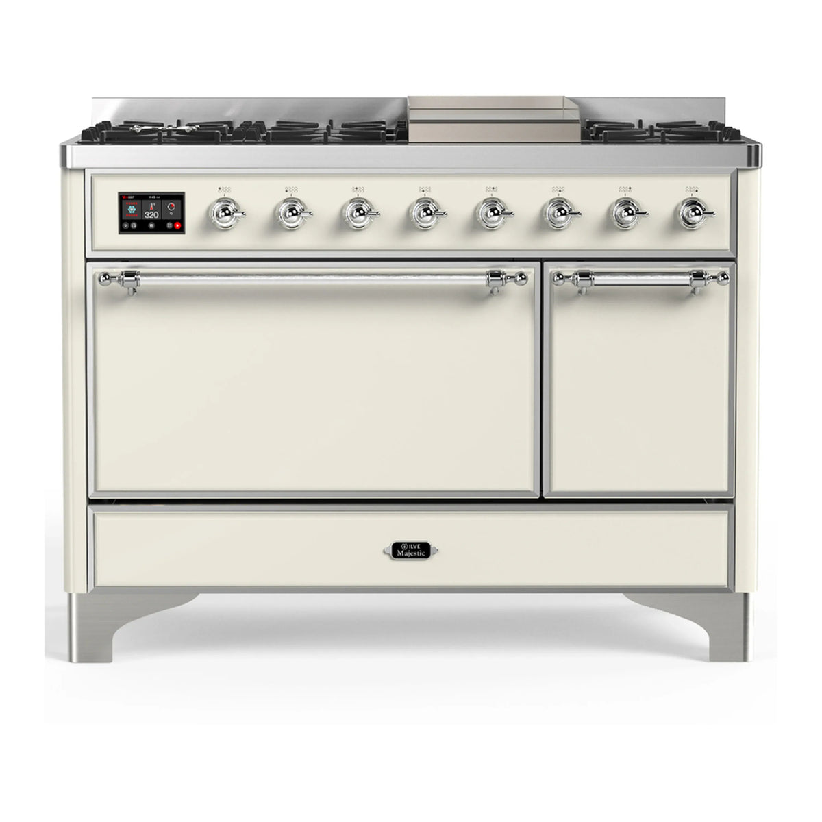 ILVE Majestic III 48-Inch LP Dual Fuel Range, 5 Burners, Griddle, Solid Door Oven, Antique White with Chrome Trim (UM48FQNR3AWCLP)