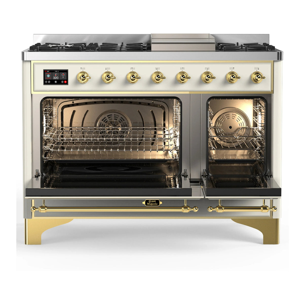 ILVE Majestic III 48-inch Dual Fuel Range with 5 Liquid Propane Burner, Griddle and Solid Door Electric Oven in Antique White with Brass Trim (UM48FQNR3AWGLP)