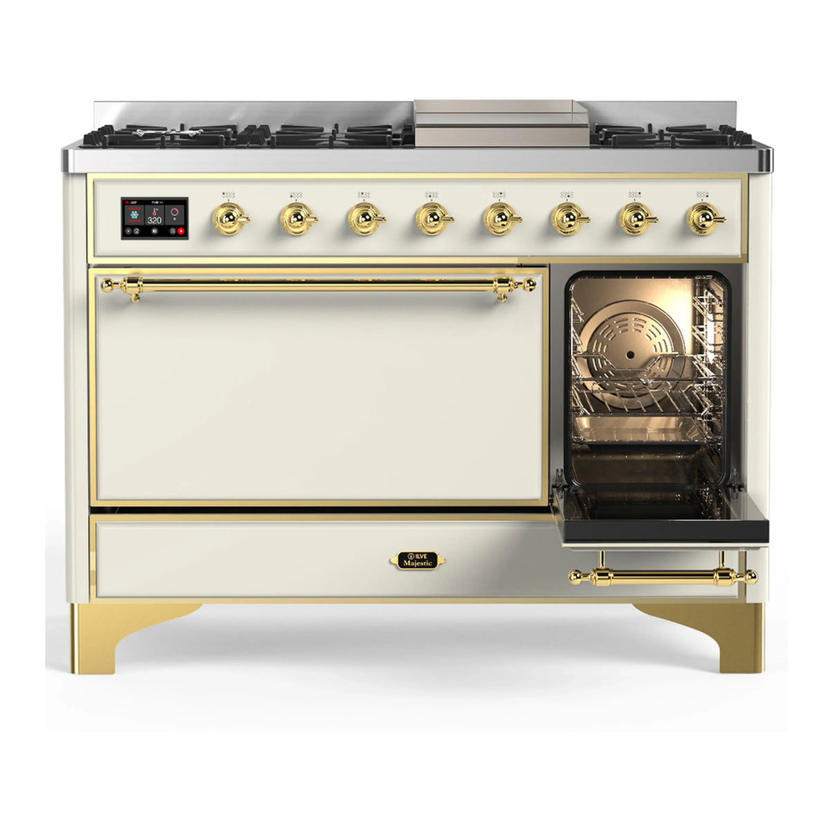 ILVE Majestic III 48-inch Dual Fuel Range with 5 Natural Gas Burner, Griddle and Solid Door Electric Oven in Antique White with Brass Trim (UM48FQNR3AWG)