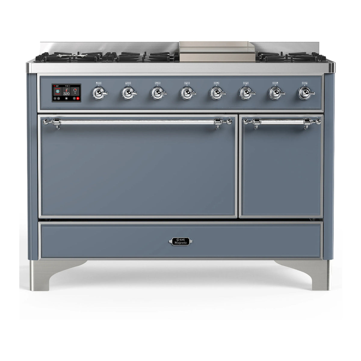 ILVE Majestic III 48-inch Dual Fuel Range with 5 Liquid Propane Burner, Griddle and Solid Door Electric Oven in Blue Grey with Chrome Trim (UM48FQNR3BGCLP)