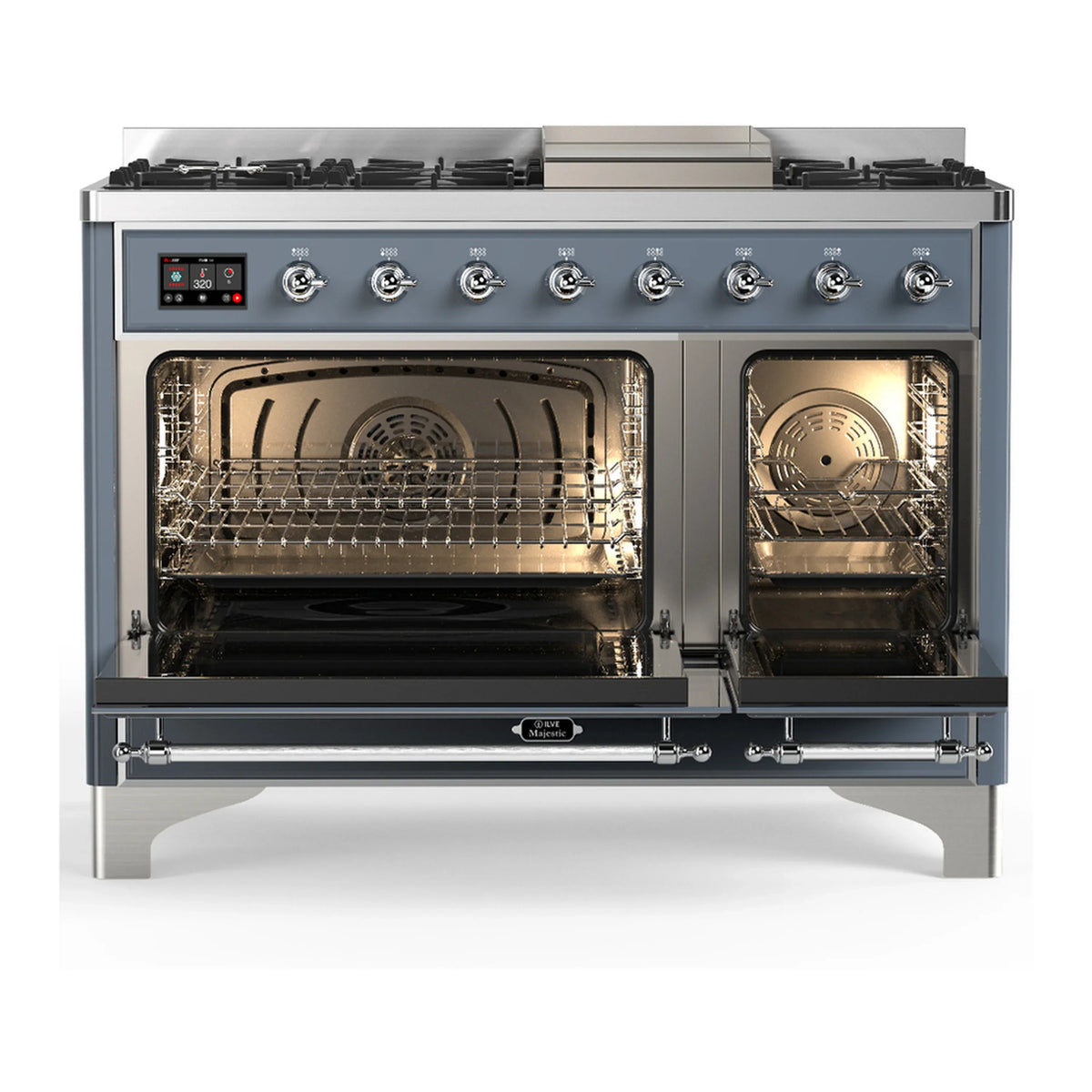 ILVE Majestic III 48-inch Dual Fuel Range with 5 Liquid Propane Burner, Griddle and Solid Door Electric Oven in Blue Grey with Chrome Trim (UM48FQNR3BGCLP)