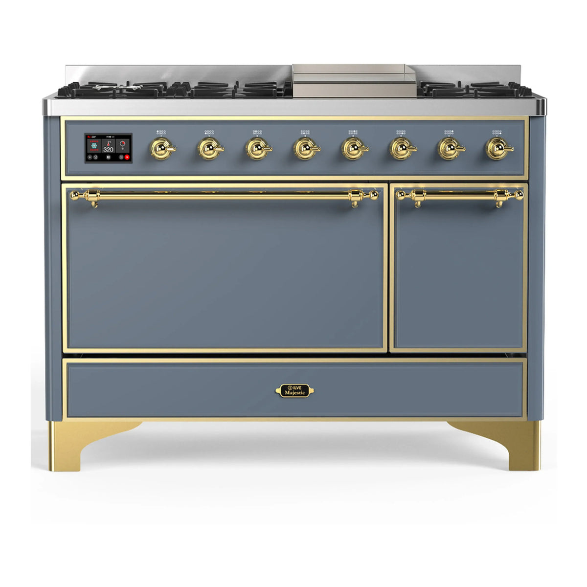 ILVE Majestic III 48-inch Dual Fuel Range with 5 Natural Gas Burner, Griddle and Solid Door Electric Oven in Blue Grey with Brass Trim (UM48FQNR3BGG)