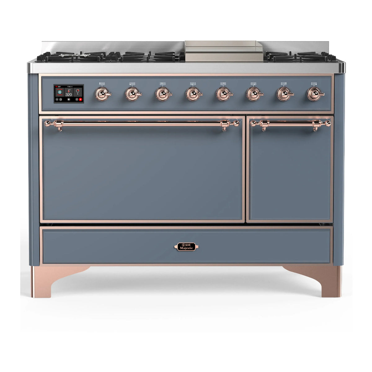 ILVE Majestic III 48-inch Dual Fuel Range with 5 Natural Gas Burner, Griddle and Solid Door Electric Oven in Blue Grey with Copper Trim (UM48FQNR3BGP)