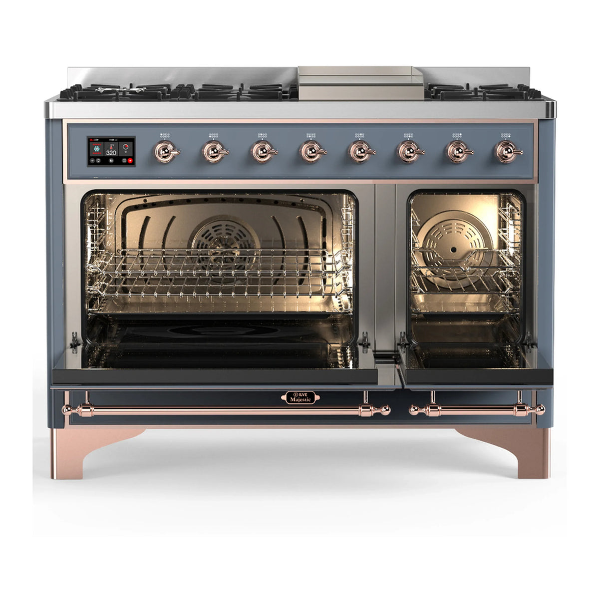 ILVE Majestic III 48-inch Dual Fuel Range with 5 Liquid Propane Burner, Griddle and Solid Door Electric Oven in Blue Grey with Copper Trim (UM48FQNR3BGPLP)