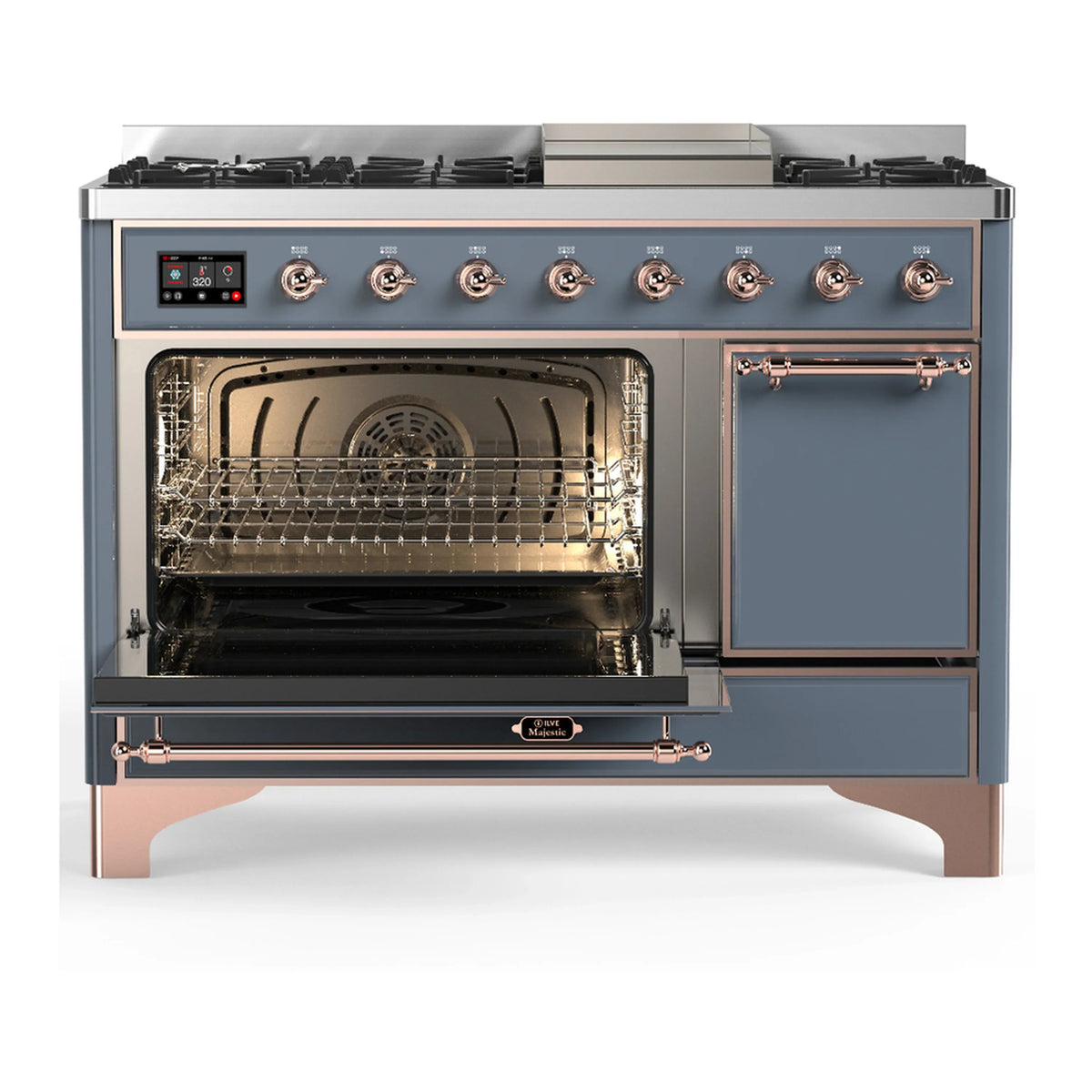 ILVE Majestic III 48-inch Dual Fuel Range with 5 Natural Gas Burner, Griddle and Solid Door Electric Oven in Blue Grey with Copper Trim (UM48FQNR3BGP)