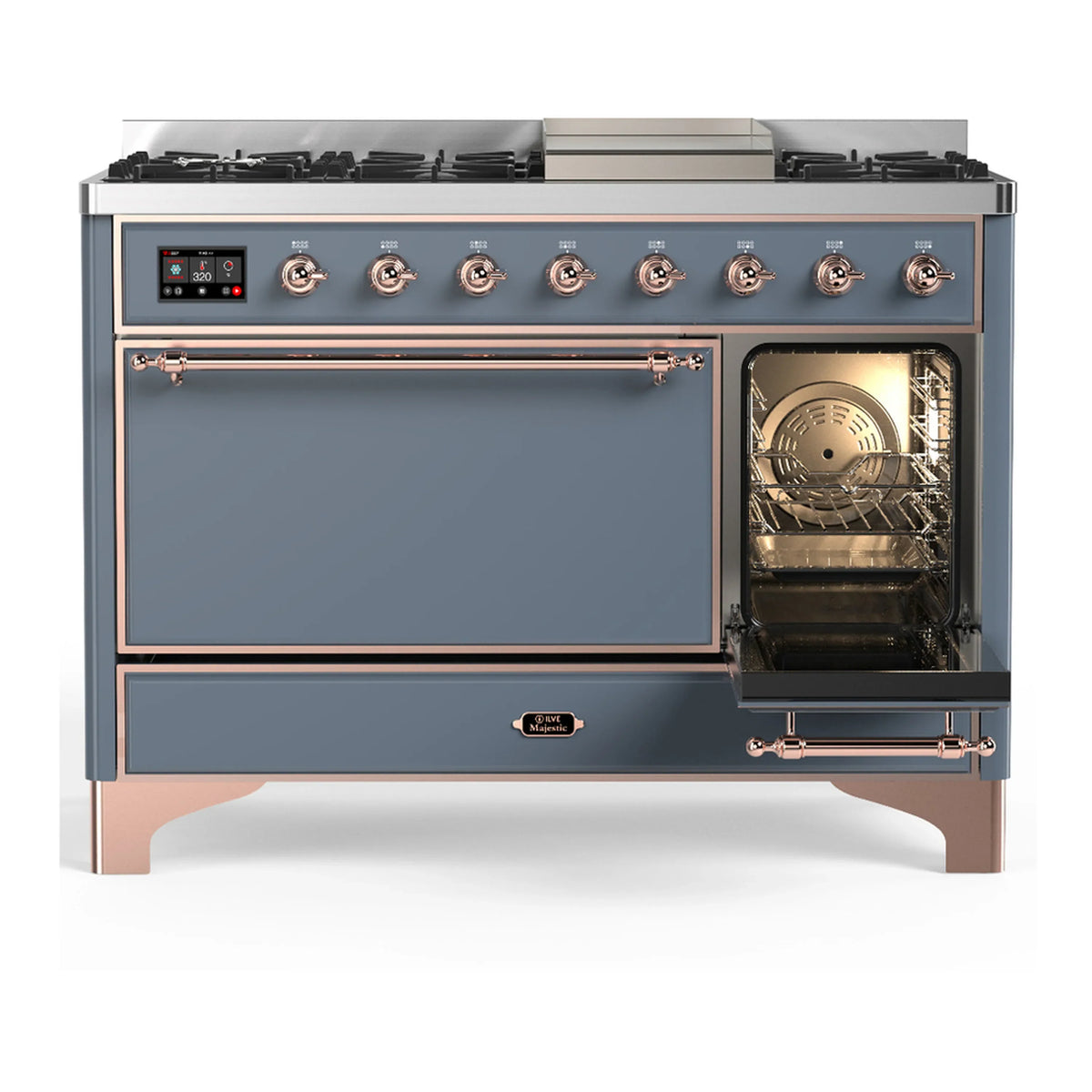ILVE Majestic III 48-inch Dual Fuel Range with 5 Natural Gas Burner, Griddle and Solid Door Electric Oven in Blue Grey with Copper Trim (UM48FQNR3BGP)