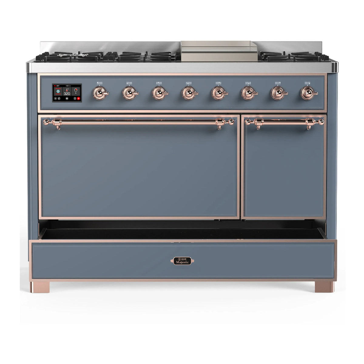 ILVE Majestic III 48-inch Dual Fuel Range with 5 Natural Gas Burner, Griddle and Solid Door Electric Oven in Blue Grey with Copper Trim (UM48FQNR3BGP)