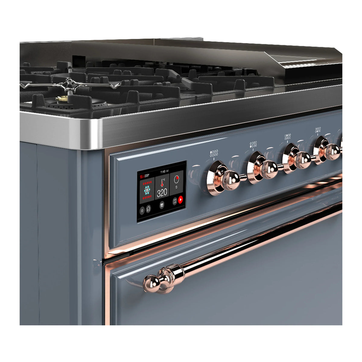 ILVE Majestic III 48-inch Dual Fuel Range with 5 Natural Gas Burner, Griddle and Solid Door Electric Oven in Blue Grey with Copper Trim (UM48FQNR3BGP)