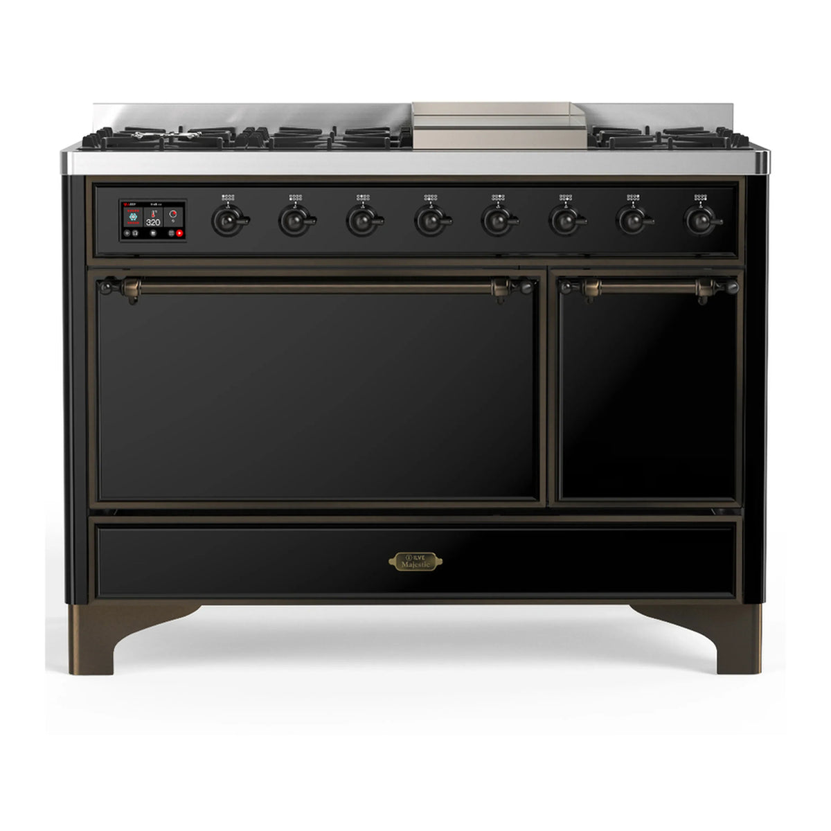 ILVE Majestic III 48-inch Dual Fuel Range with 5 Liquid Propane Burner, Griddle and Solid Door Electric Oven in Glossy Black with Burnished Trim (UM48FQNR3BKBLP)