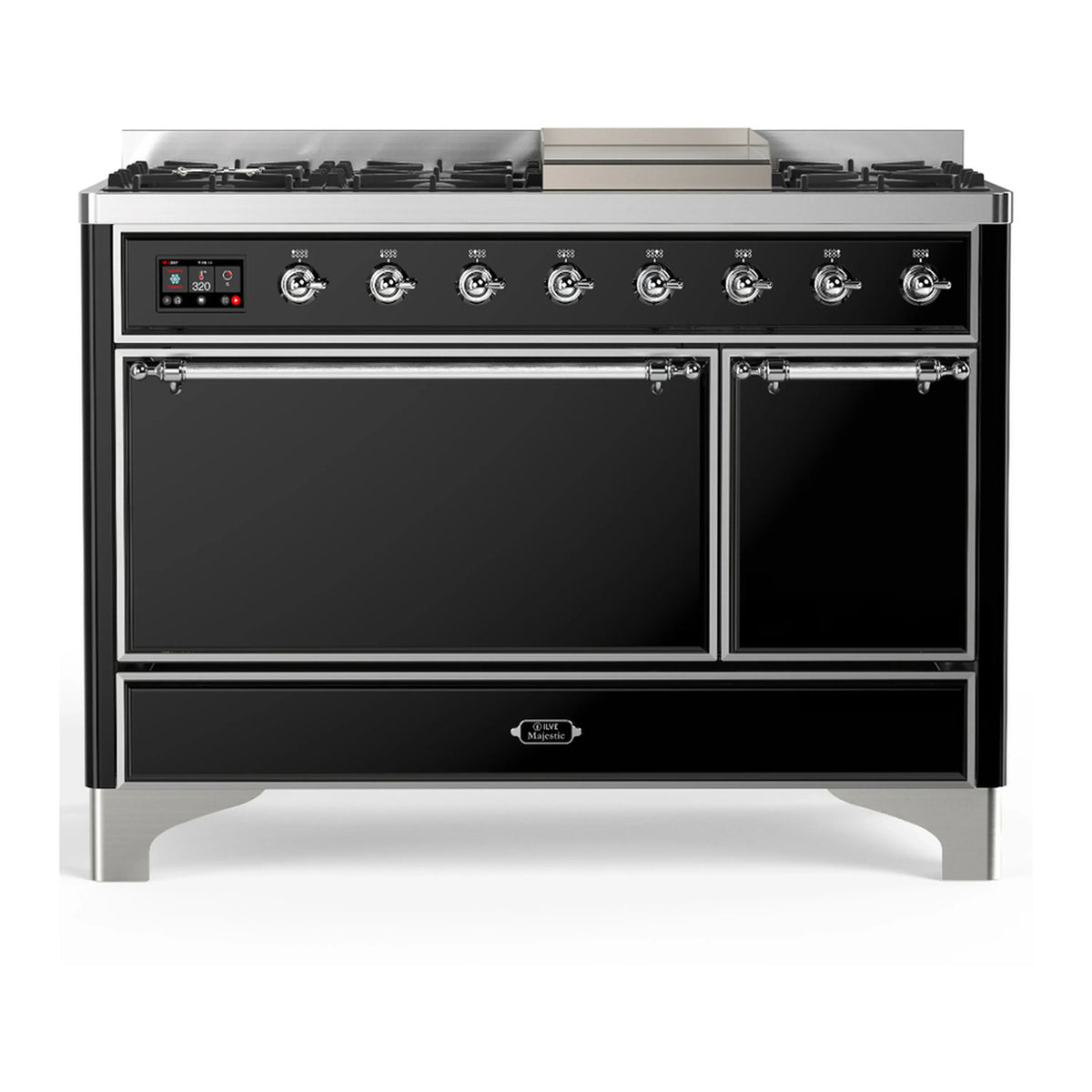 ILVE Majestic III 48-Inch Dual Fuel Range, 5 NG Burners, Griddle, Solid Door, Glossy Black, Chrome Trim (UM48FQNR3BKC)