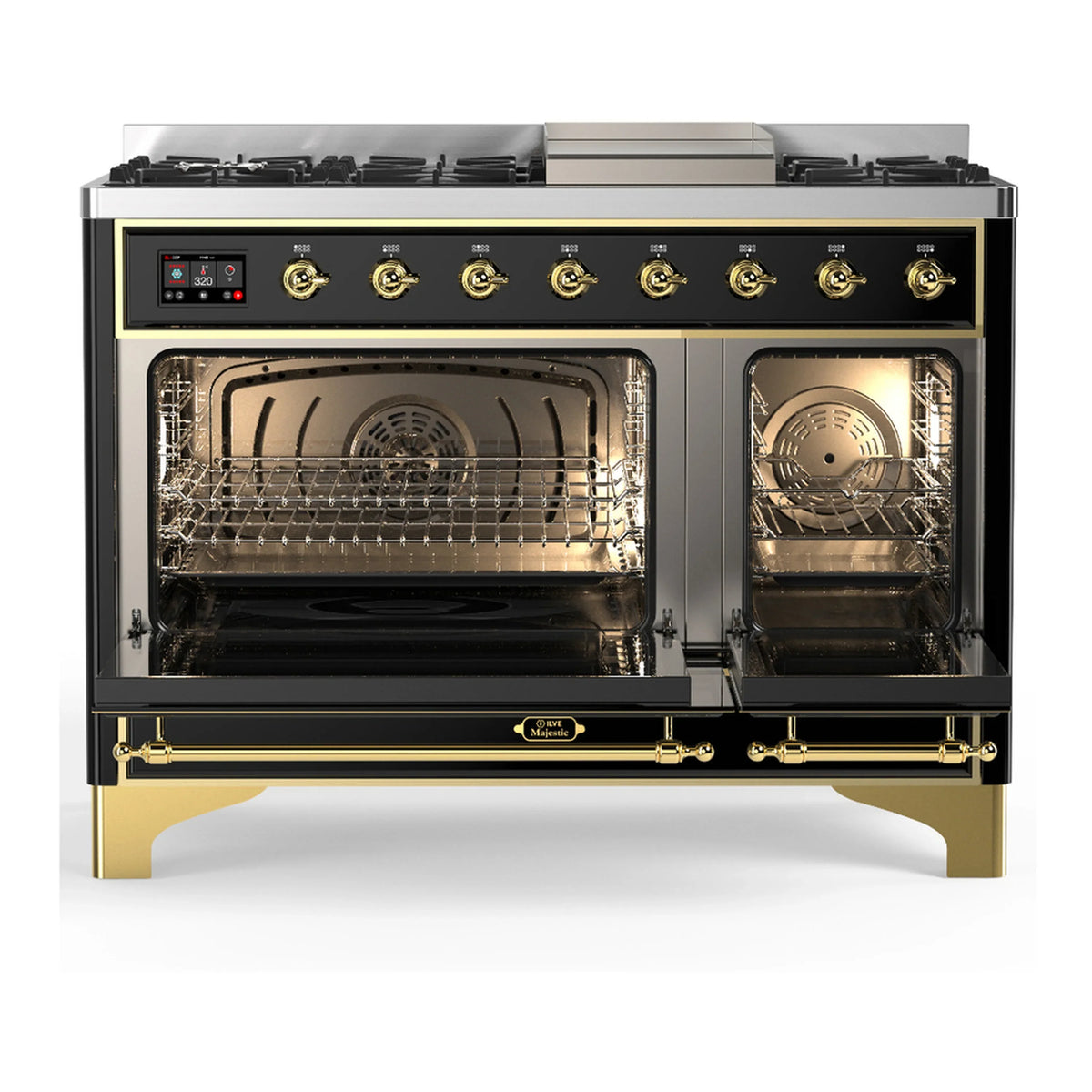ILVE Majestic III 48-inch Dual Fuel Range with 5 Liquid Propane Burner, Griddle and Solid Door Electric Oven in Glossy Black with Brass Trim (UM48FQNR3BKGLP)