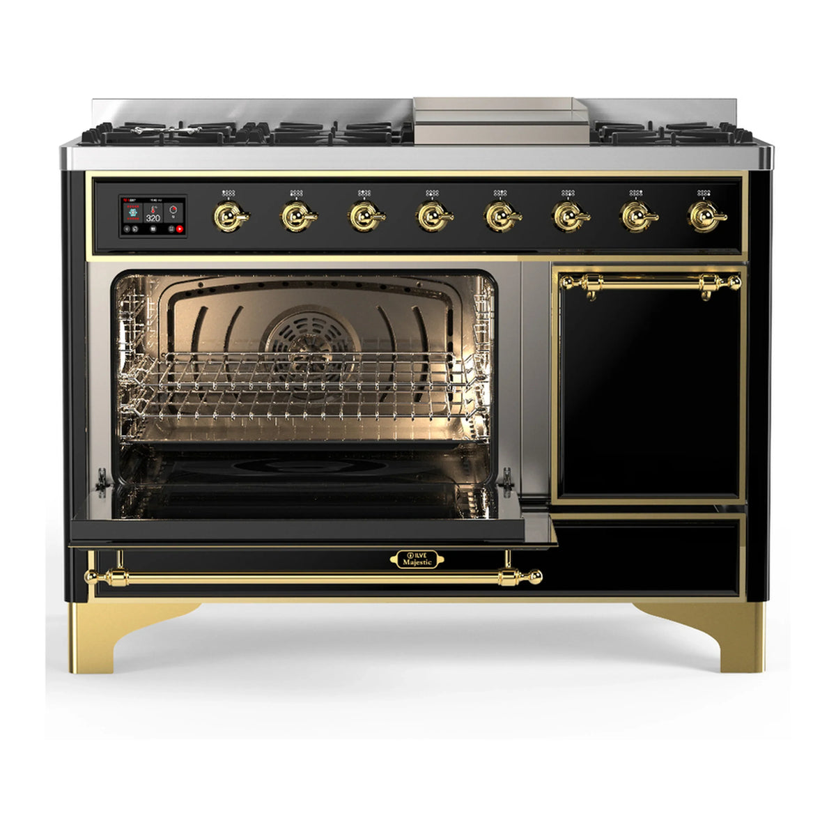 ILVE Majestic III 48-inch Dual Fuel Range with 5 Liquid Propane Burner, Griddle and Solid Door Electric Oven in Glossy Black with Brass Trim (UM48FQNR3BKGLP)