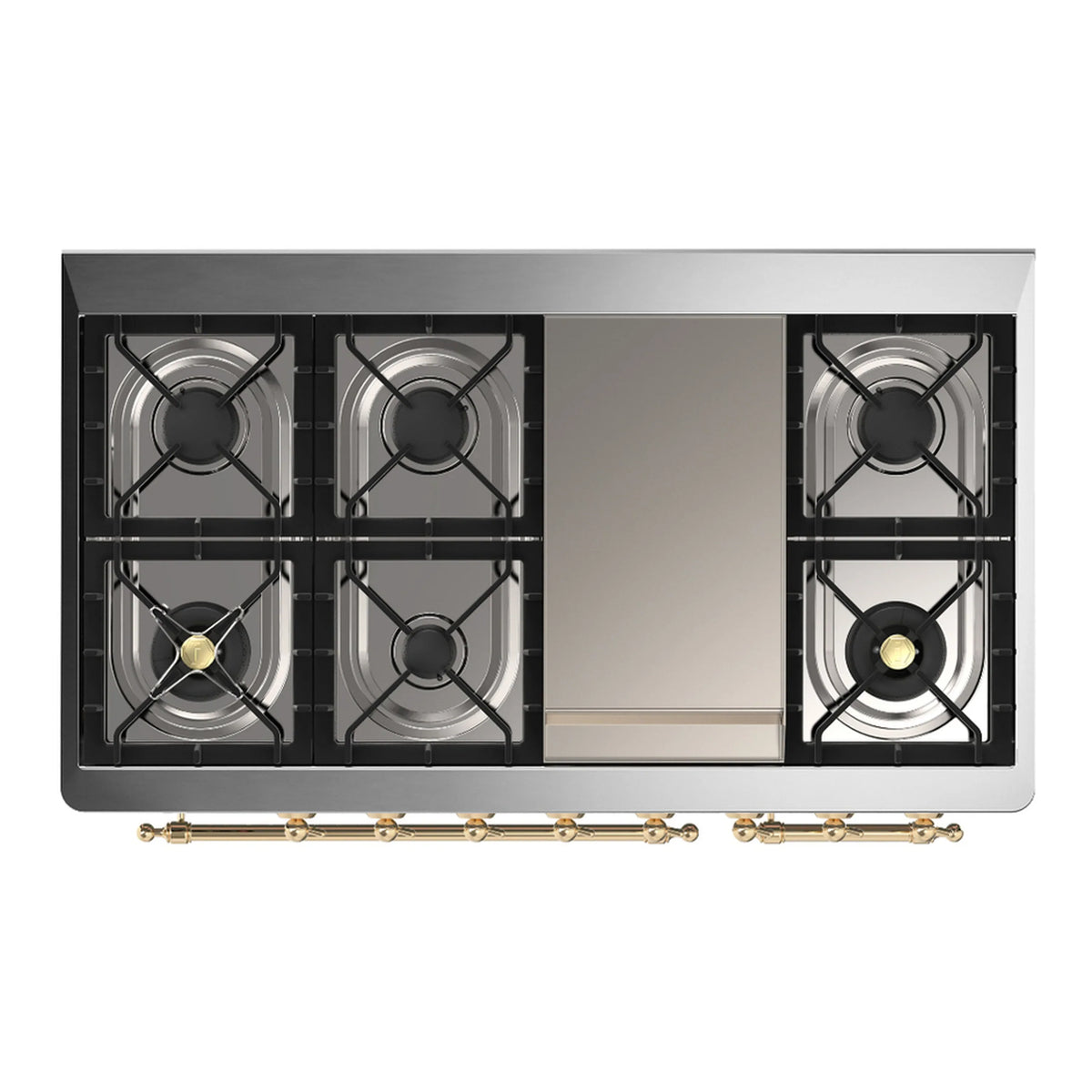 ILVE Majestic III 48-inch Dual Fuel Range with 5 Liquid Propane Burner, Griddle and Solid Door Electric Oven in Glossy Black with Brass Trim (UM48FQNR3BKGLP)