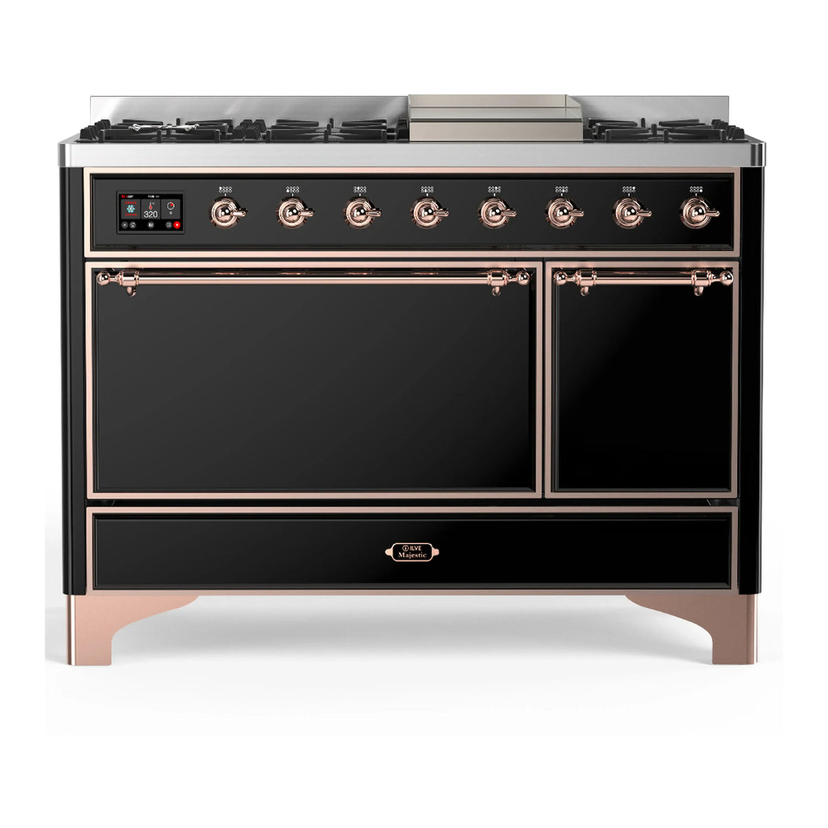 ILVE Majestic III 48-inch Dual Fuel Range with 5 Natural Gas Burner, Griddle and Solid Door Electric Oven in Glossy Black with Copper Trim (UM48FQNR3BKP)