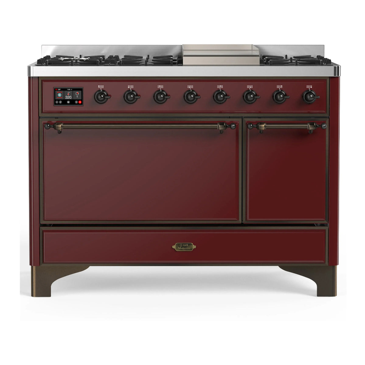 ILVE Majestic III 48-inch Dual Fuel Range with 5 Natural Gas Burner, Griddle and Solid Door Electric Oven in Burgundy with Burnished Trim (UM48FQNR3BUB)